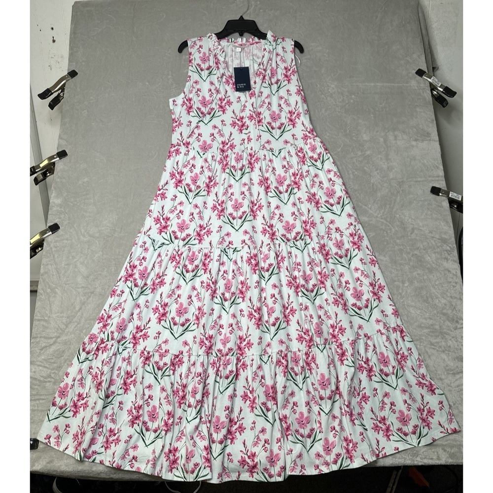 Crown & Ivy Pink Floral Print Midi Dress Sz L Sleeveles Floral Ruffle Collar NWT